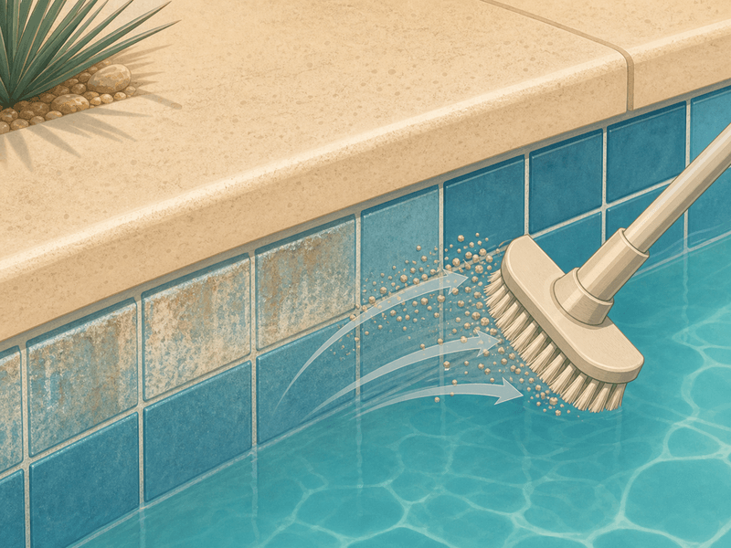 Illustration of a gentle pool tile cleaning method with media particles, a brush tool, and a subtle clean boundary