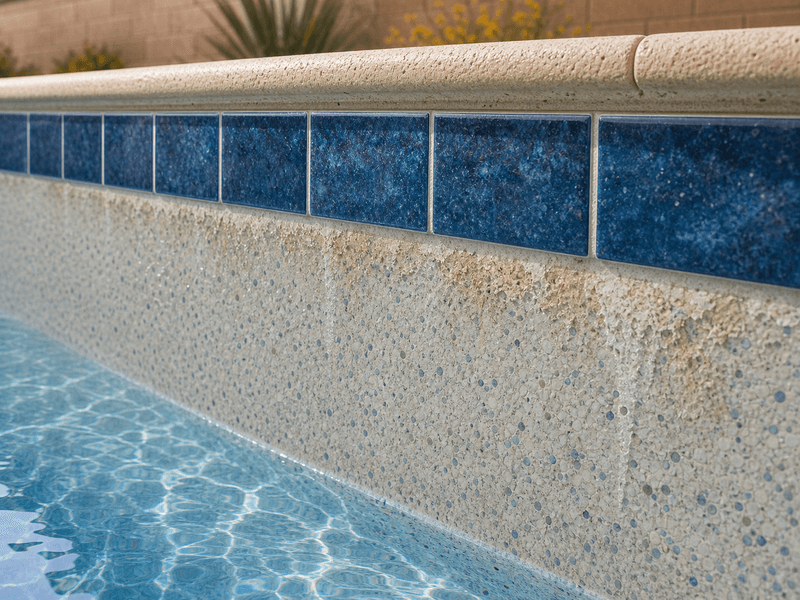 Generic close-up of interior pool finish with subtle discoloration and scale below the tile line