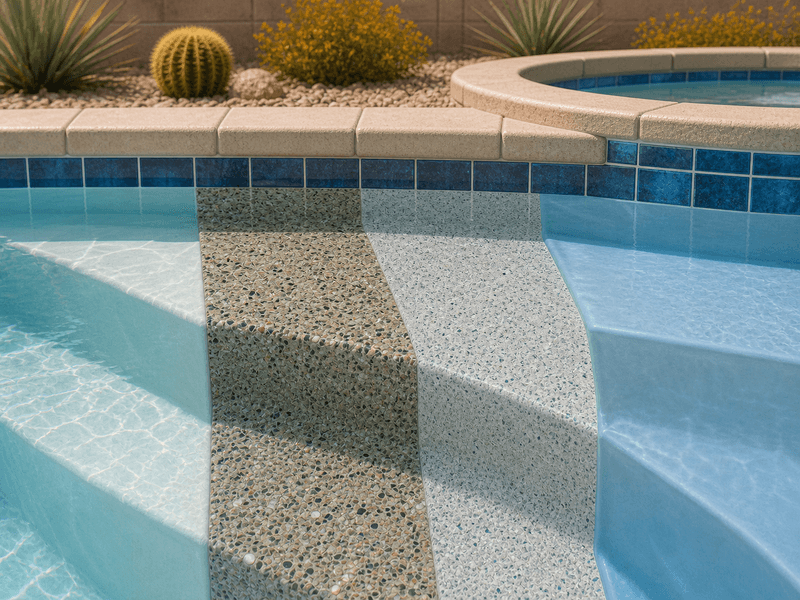 Generic pool interior showing different plaster, pebble, quartz, and fiberglass-like finish textures
