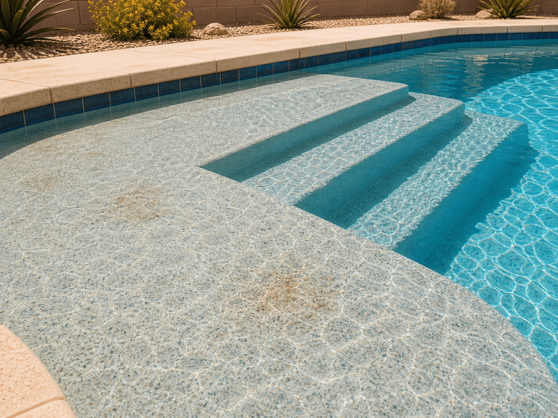 Generic pool steps and tanning ledge with subtle interior finish stains under clear water