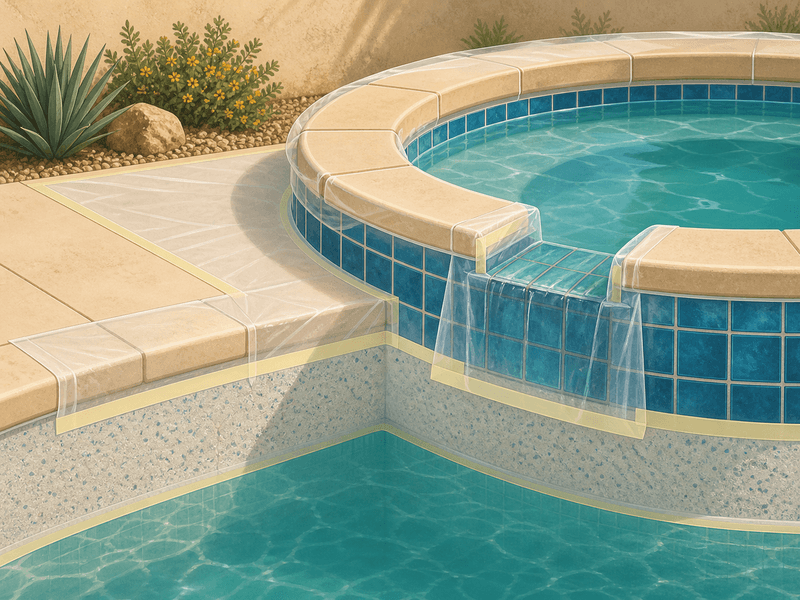 Illustration of pool tile, grout, coping, interior pool finish, and raised spa spillway areas with protective coverings