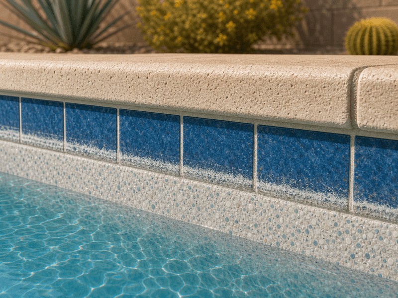 Generic pool waterline interface showing tile, grout, coping, and interior pool finish