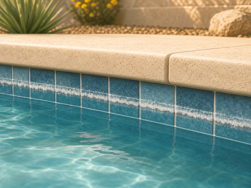 Illustration of pool waterline tile with subtle white calcium scale, clean blue water, and beige coping