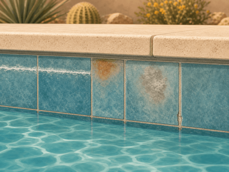 Illustration of pool waterline tile with white scale, tan staining, gray film, and a grout wear cue